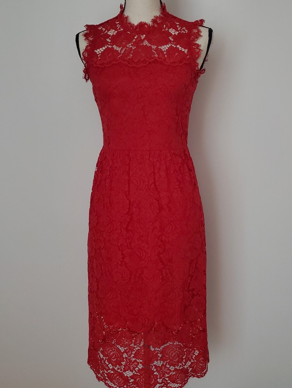 Kate Spade Red Lace Poppy Sleeveless High Neck Illusion Midi Sheath Dress Size 0